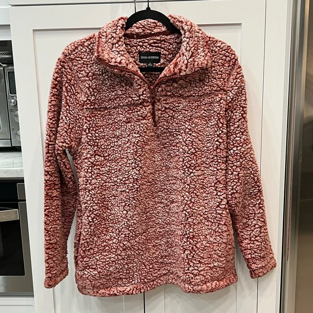 Zenana Outfitters Burgundy White Fuzzy Quarter Zip - Picture 1 of 8